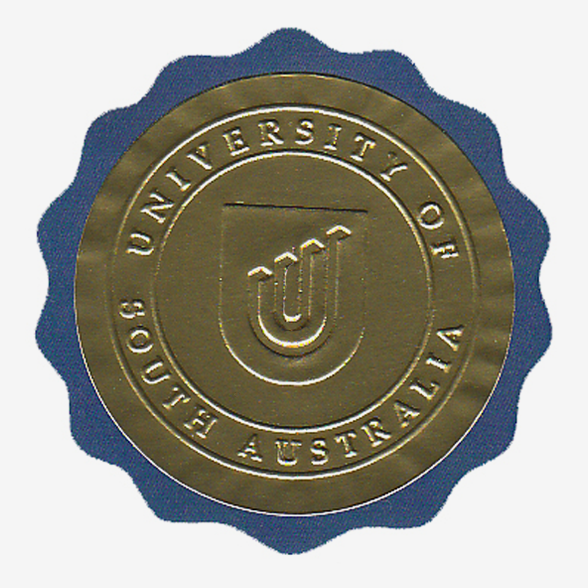 Fake Diploma Embossed Round Foil over Blue Scalloped Seal & Emblem
