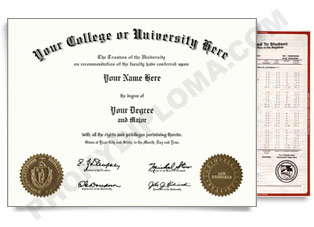 Fake USA College or University Diploma and Transcripts - Arched Name / Two Emblems