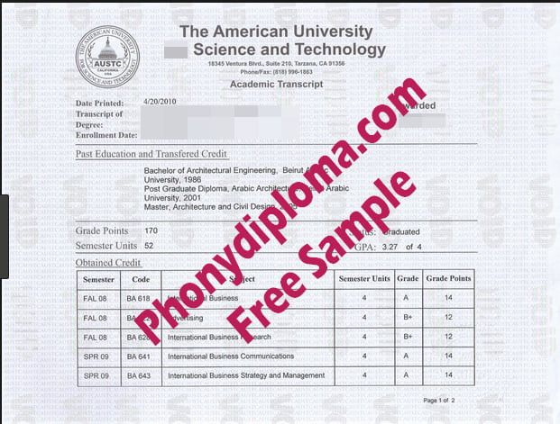 American University Of Science And Technology Actual Match Transcripts Free Sample From Phonydiploma