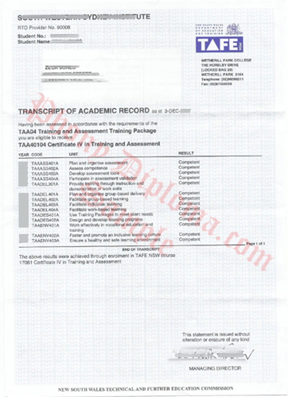 Tafe Transcripts  New South Wales Nsw Fake Diploma Sample From Phonydiploma