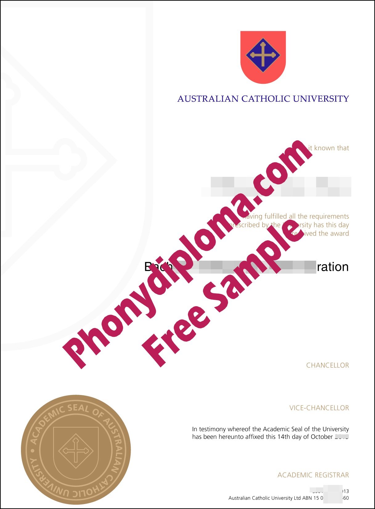 Australian Catholic University With Printed Emblem Free Sample From Phonydiploma