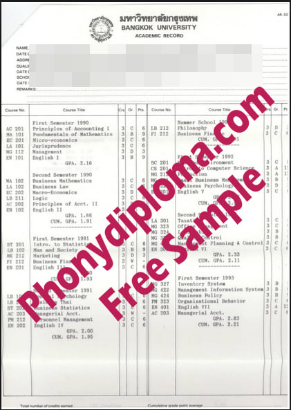 Bangkok University Actual Match Transcripts Free Sample From Phonydiploma