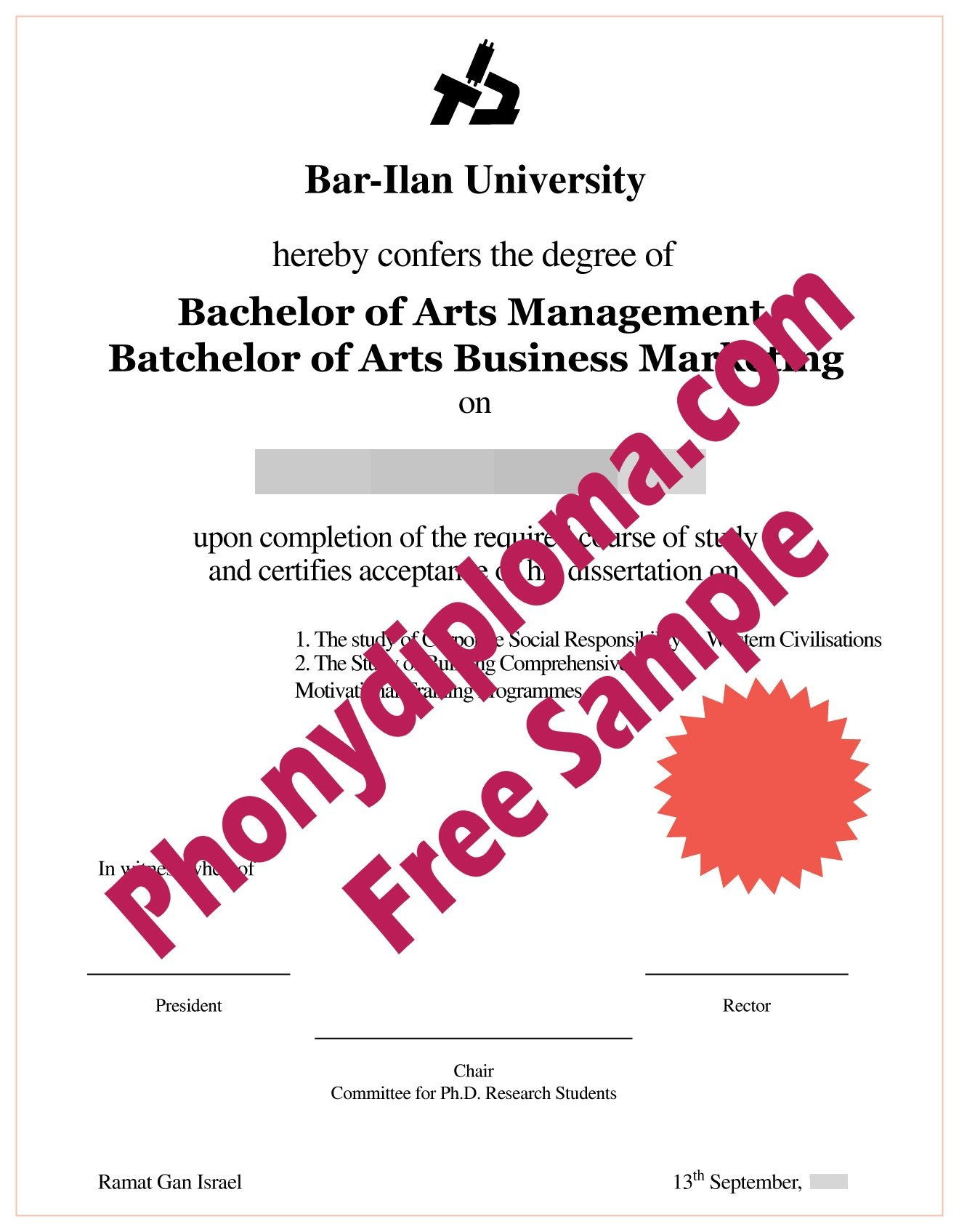 Bar Ilan University Diploma Free Sample From Phonydiploma
