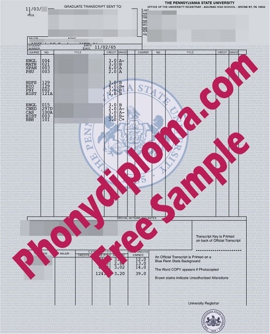 Clc Pennsylvania State University Actual Match Transcript Free Sample From Phonydiploma