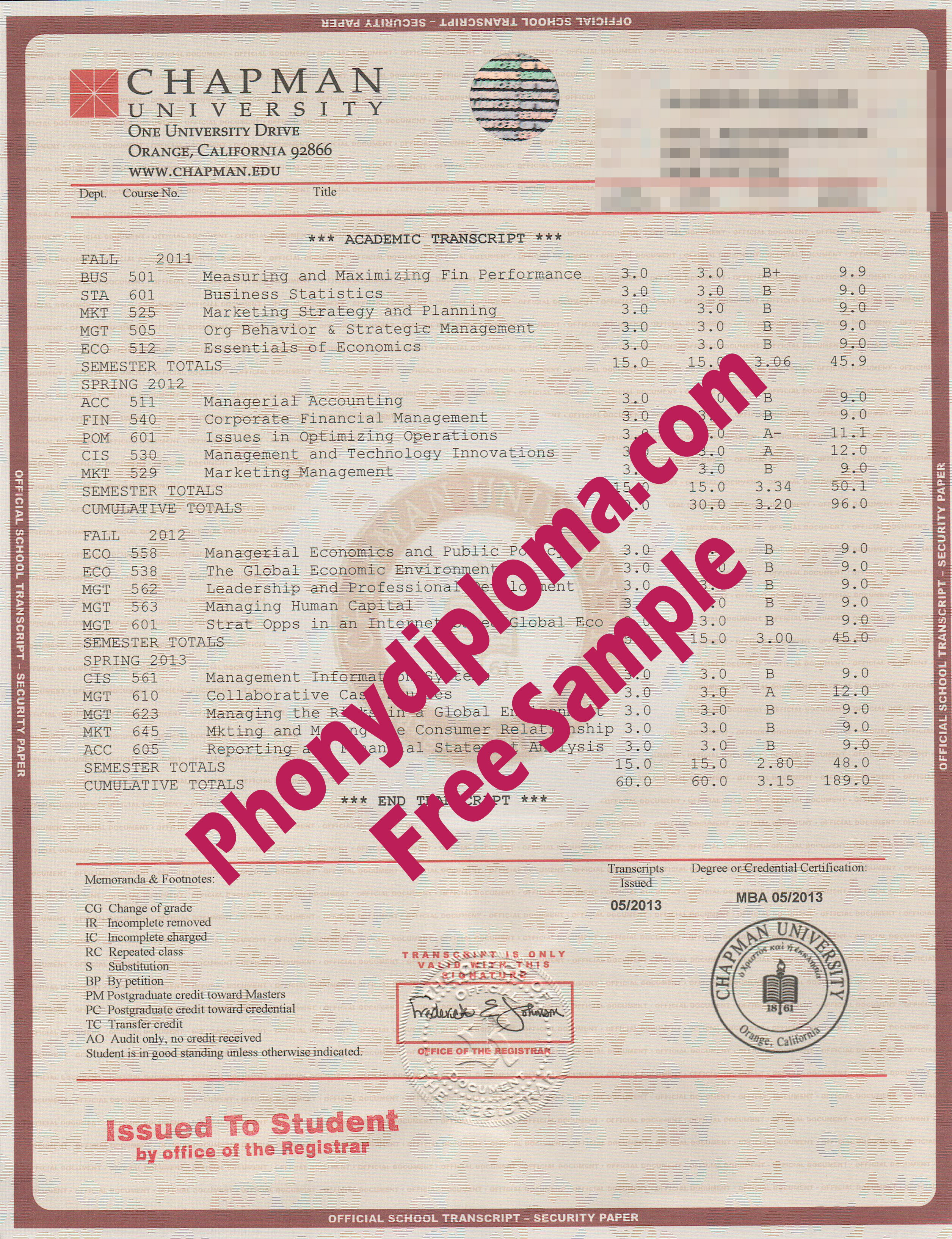 Chapman University Mba Transcript House Design Free Sample From Phonydiploma
