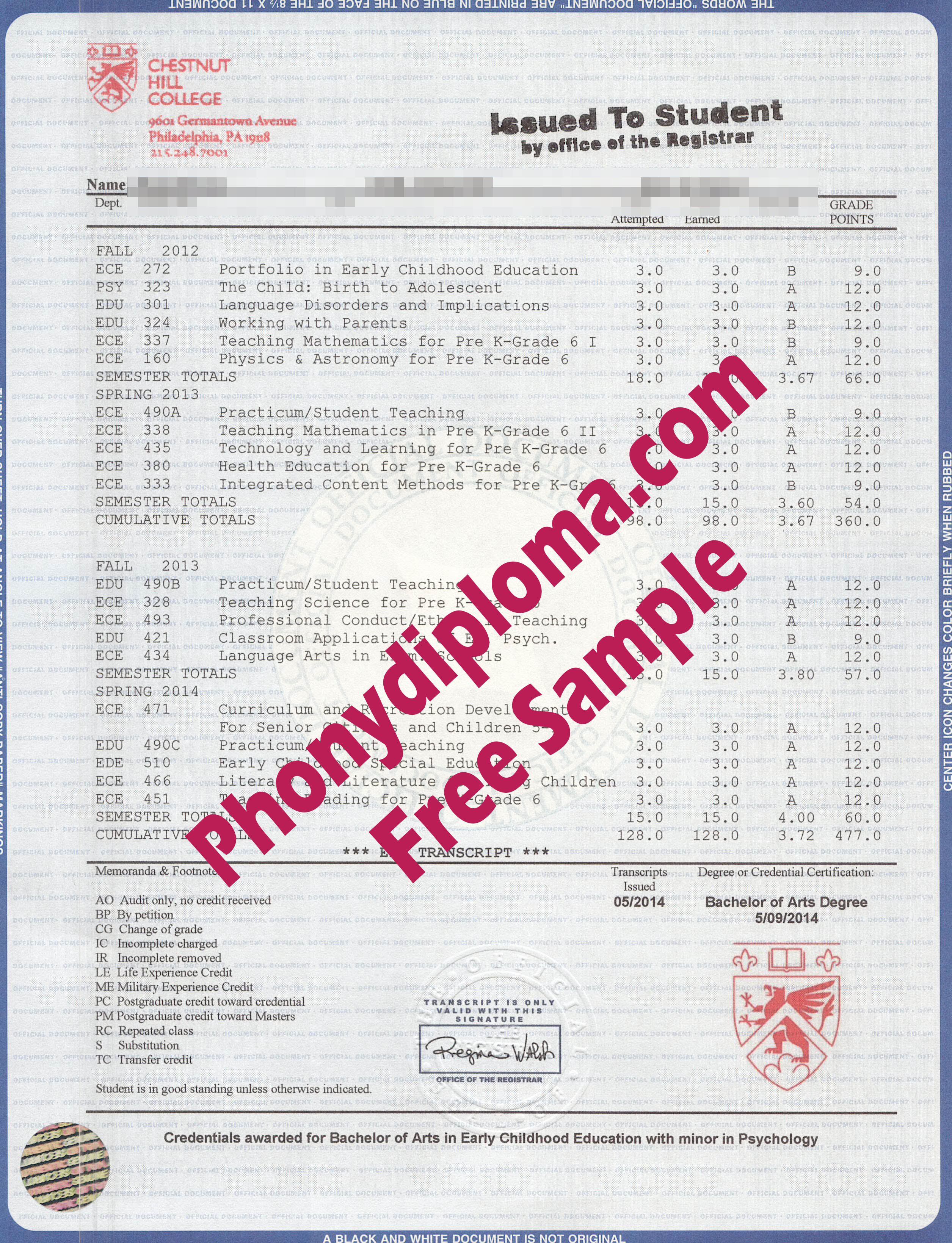 Chestnut Hill College Transcripts Free Sample From Phonydiploma
