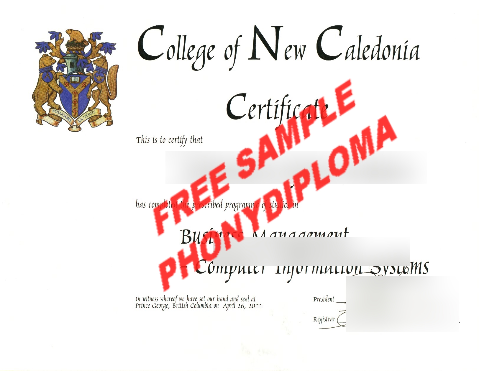 College Of New Caledonia Diploma Free Sample From Phonydiploma