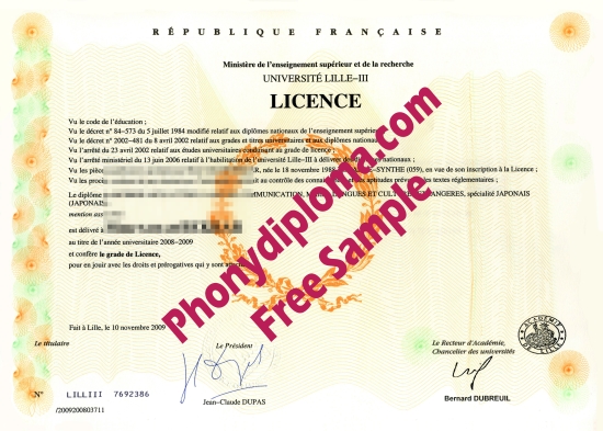 France Lille Iii Faux Échantillon De Diplôme De Phony Diploma