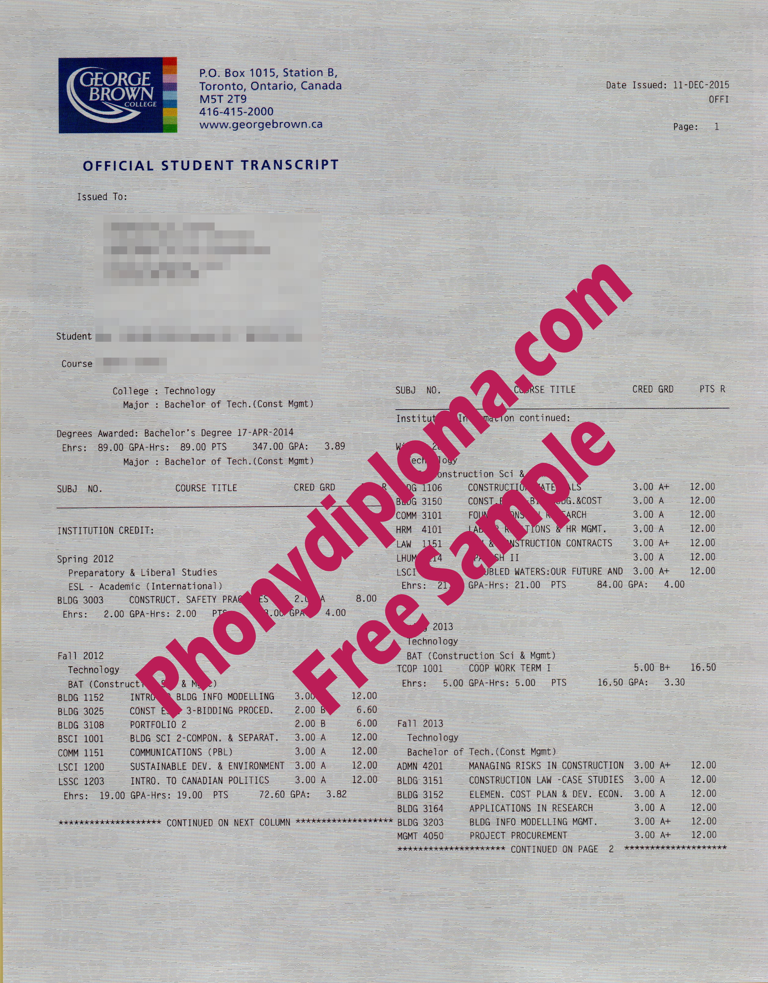 George Brown College Actual Match Trans Free Sample From Phonydiploma