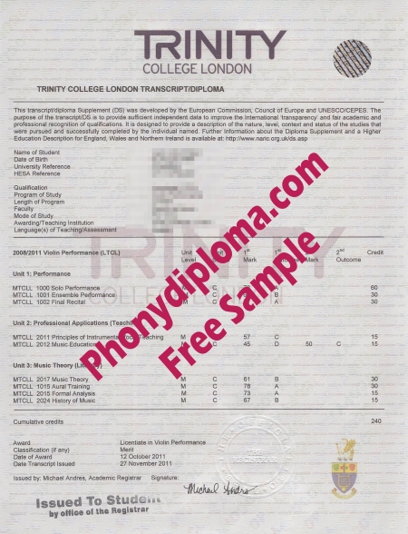Ireland Trinity College Longon Transcripts Actual Match Free Sample From Phonydiploma