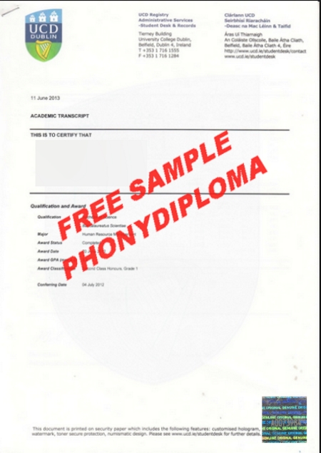 Ireland University College Of Dublin Actual Match Transcript Free Sample From Phonydiploma