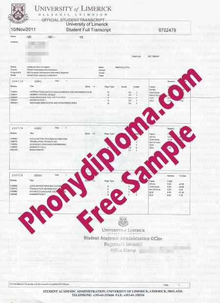 Ireland University Of Limerick Actual Match Transcripts Free Sample From Phonydiploma