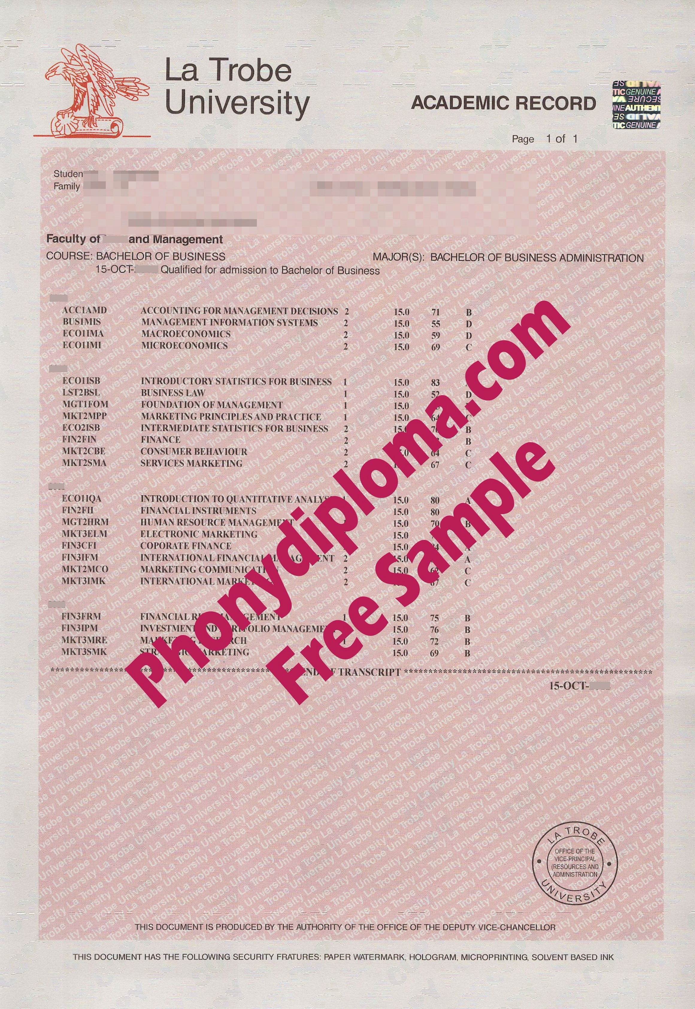 Latrobe La Trobe University Actual Match Transcript Free Sample From Phonydiploma