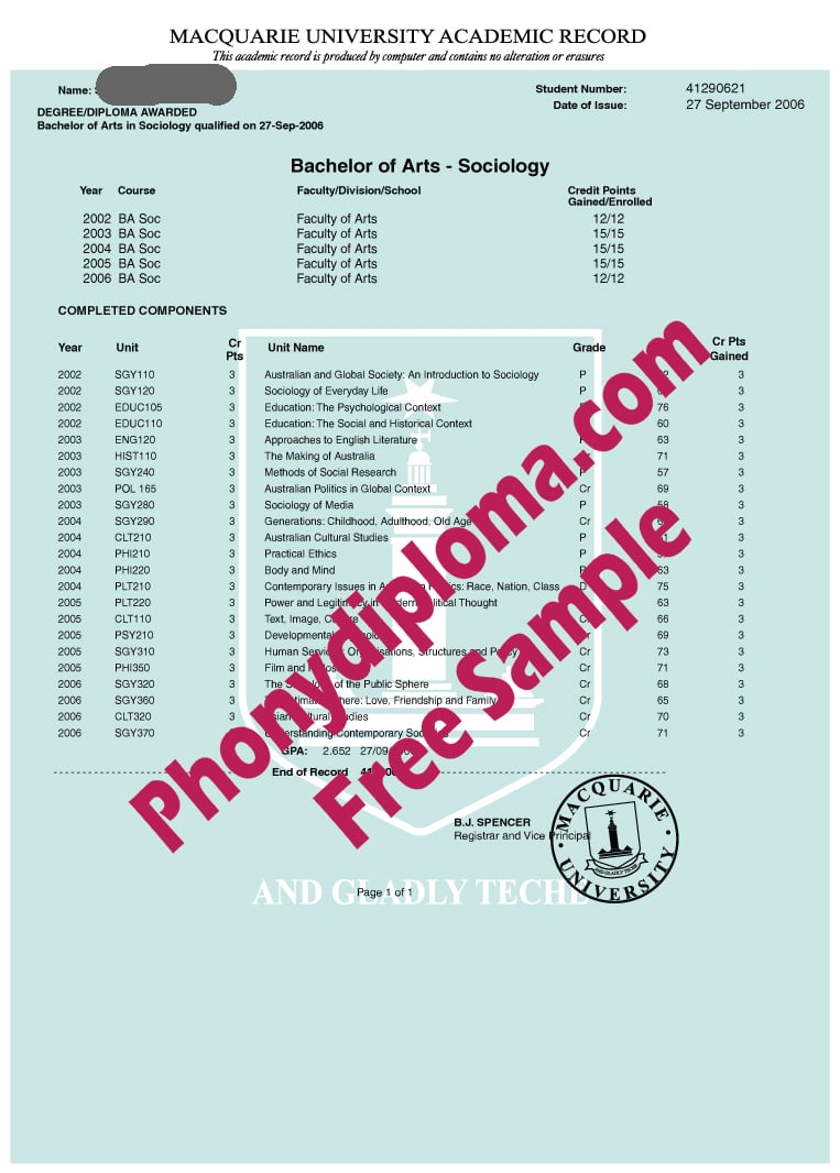 Macquarie University Actual Match Transcript Free Sample From Phonydiploma