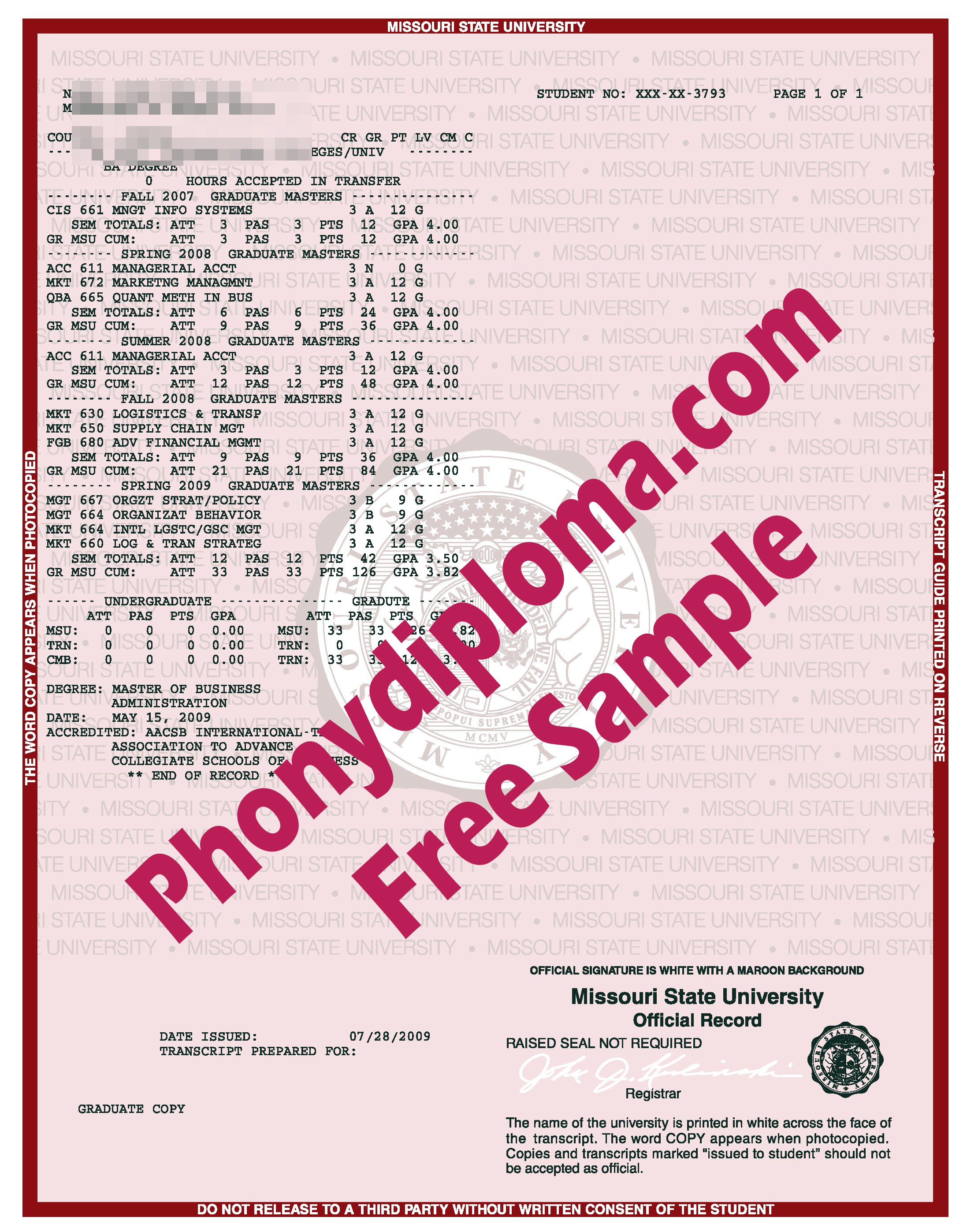 Missouri State University Actual Match Transcript Free Sample From Phonydiploma