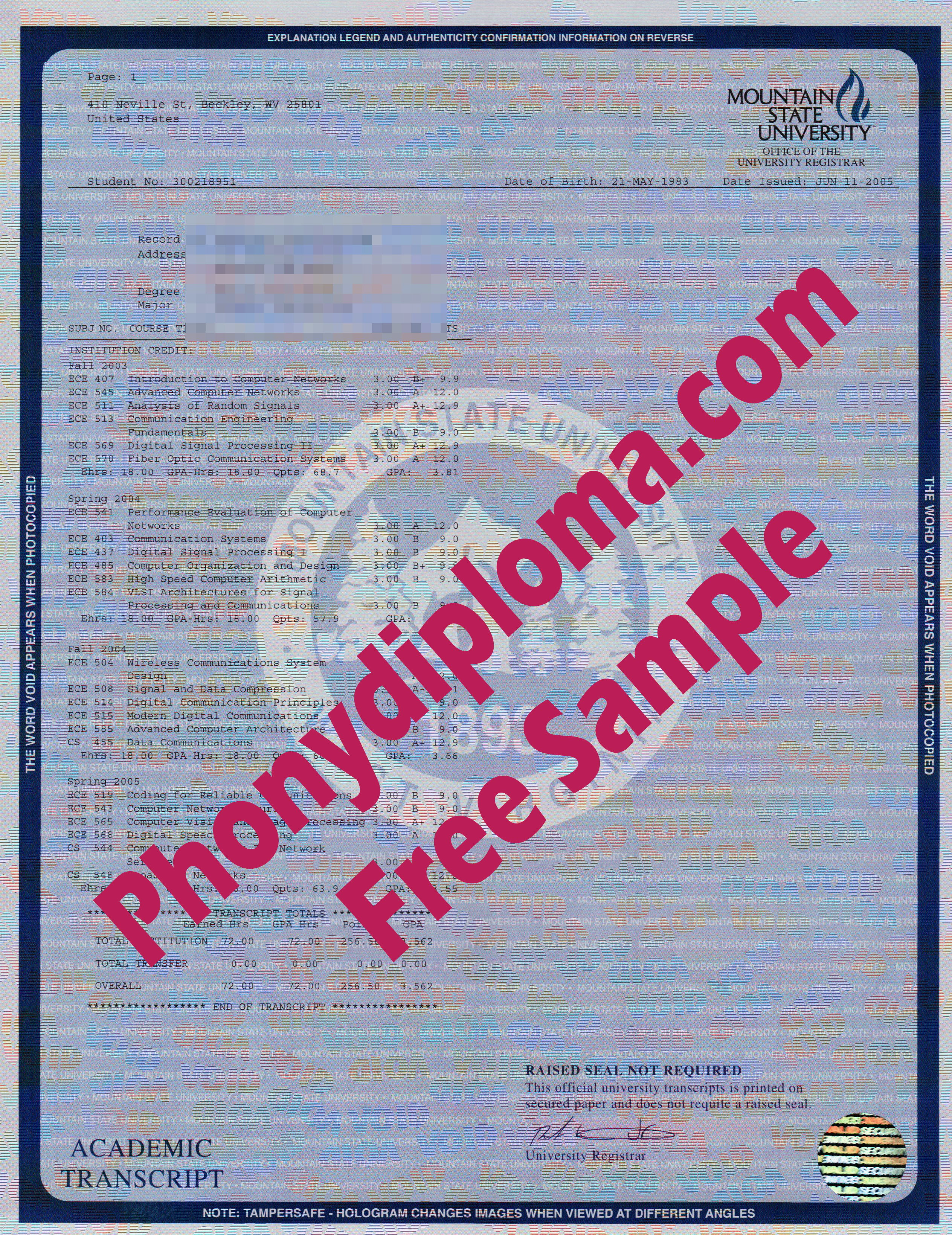 Mountain State University Actual Match Transcripts Free Sample From Phonydiploma