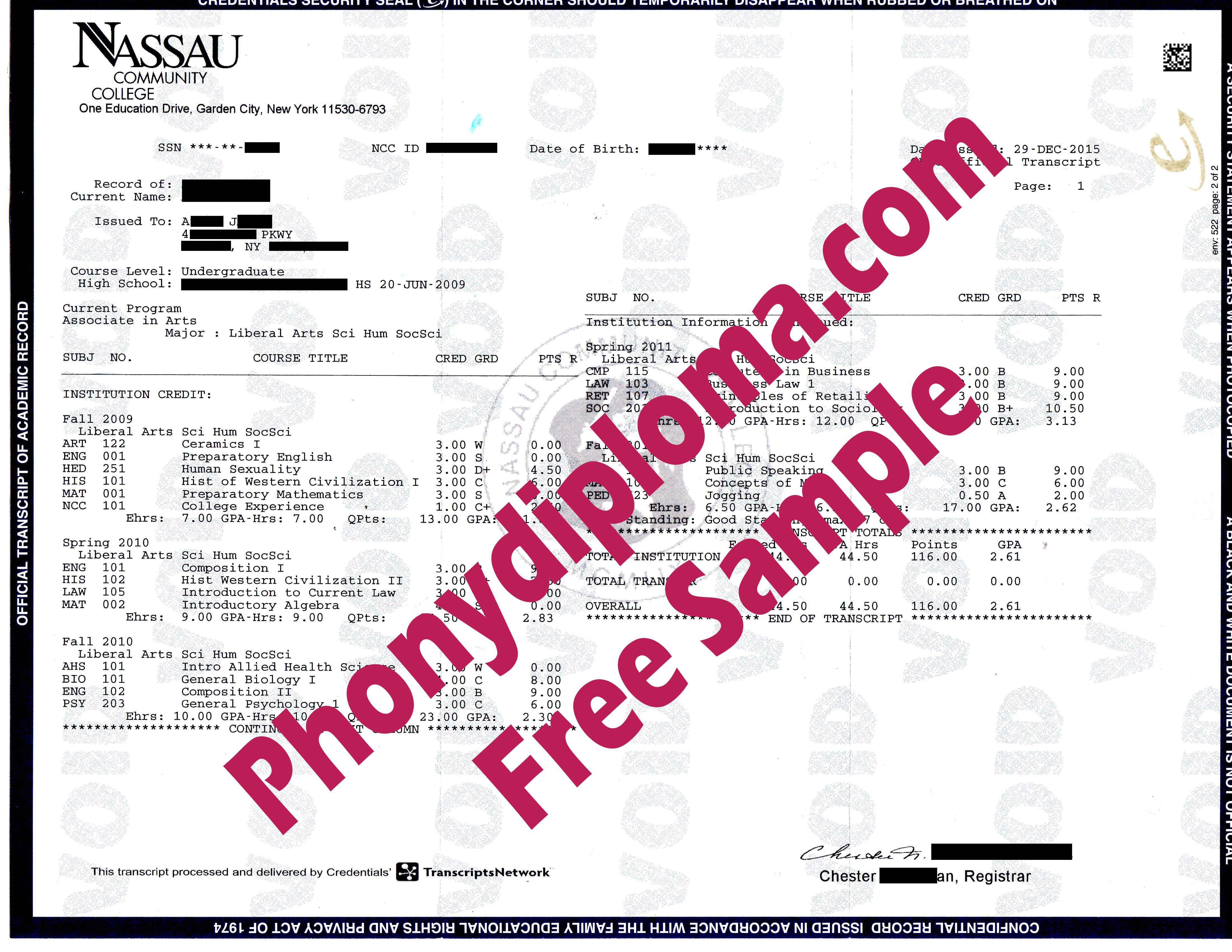 Nassau Community College Actual Match Transcript Free Sample From Phonydiploma