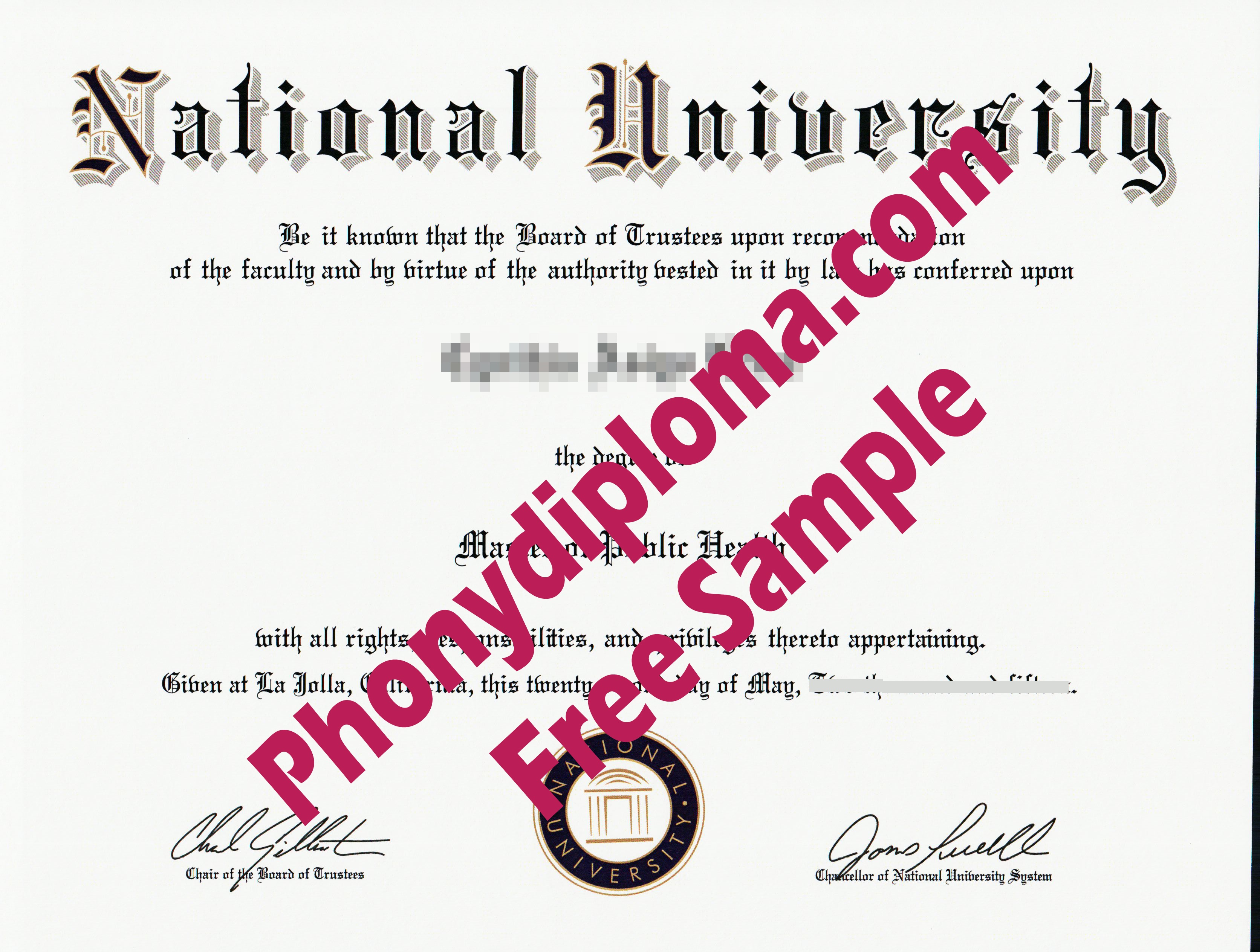 National University Printed Emblem Free Sample From Phonydiploma