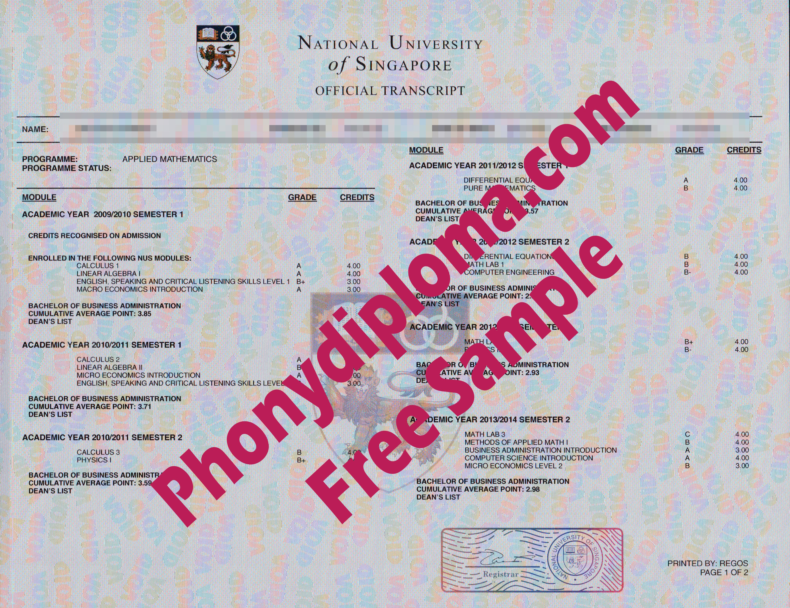 National University Of Singapore Actual Match Transcript Free Sample From Phonydiploma