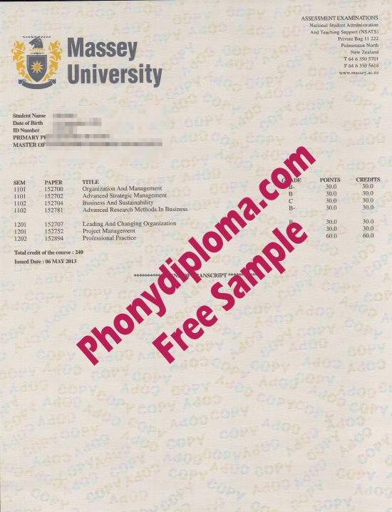 New Zealand Massey University Actual Match Transcript Free Sample From Phonydiploma