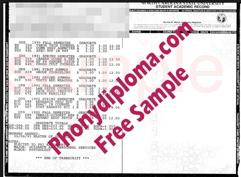 North Carolina State University Actual Match Transcripts Free Sample From Phonydiploma