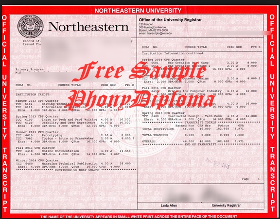 Northeastern University Actual Match Transcript Free Sample From Phonydiploma