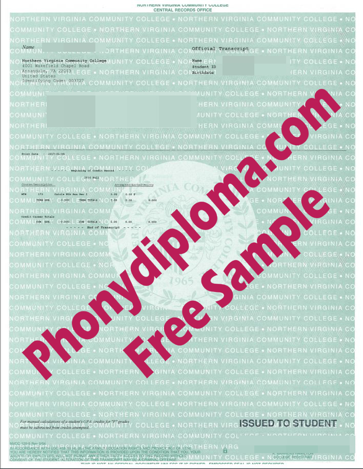Northern Virginia Community College Actual Match Transcripts Phonydiploma Free Sample