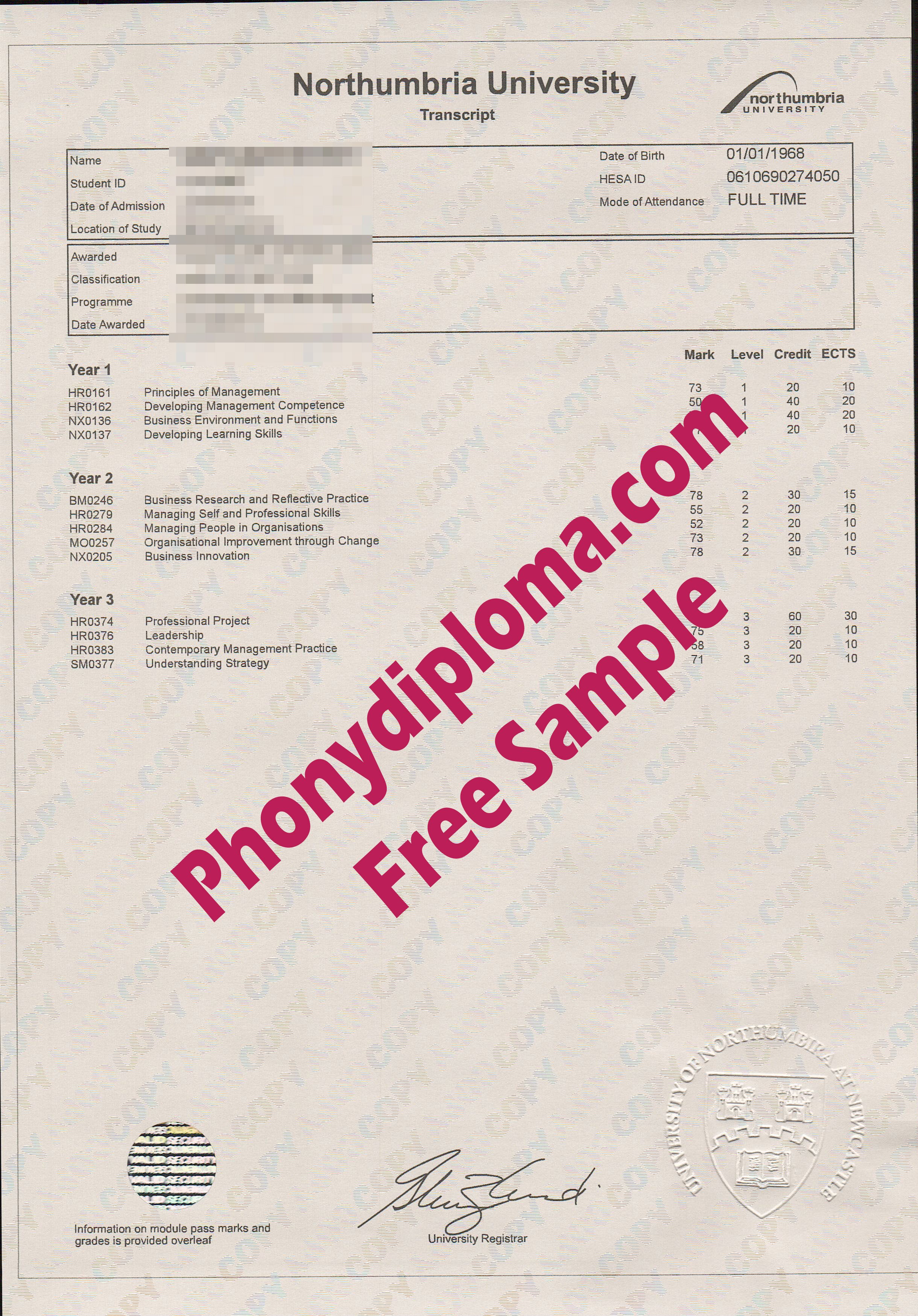 Northumbria University Actual Match Transcript Free Sample From Phonydiploma