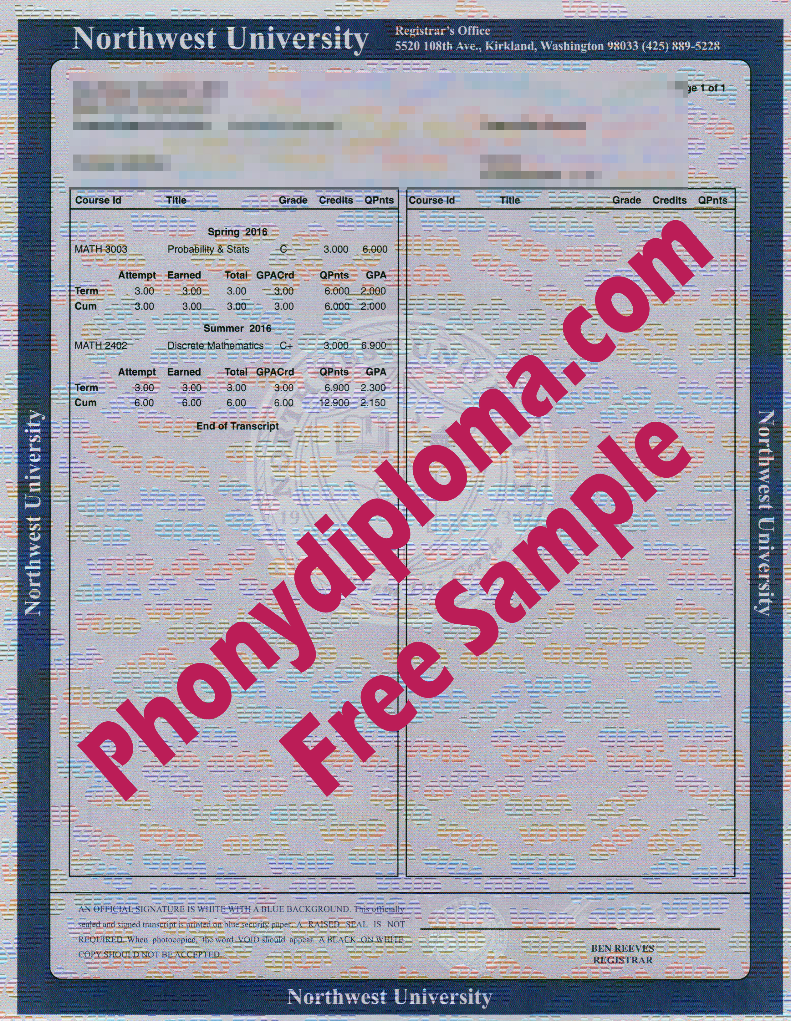 Northwest University Actual Match Transcript Free Sample From Phonydiploma