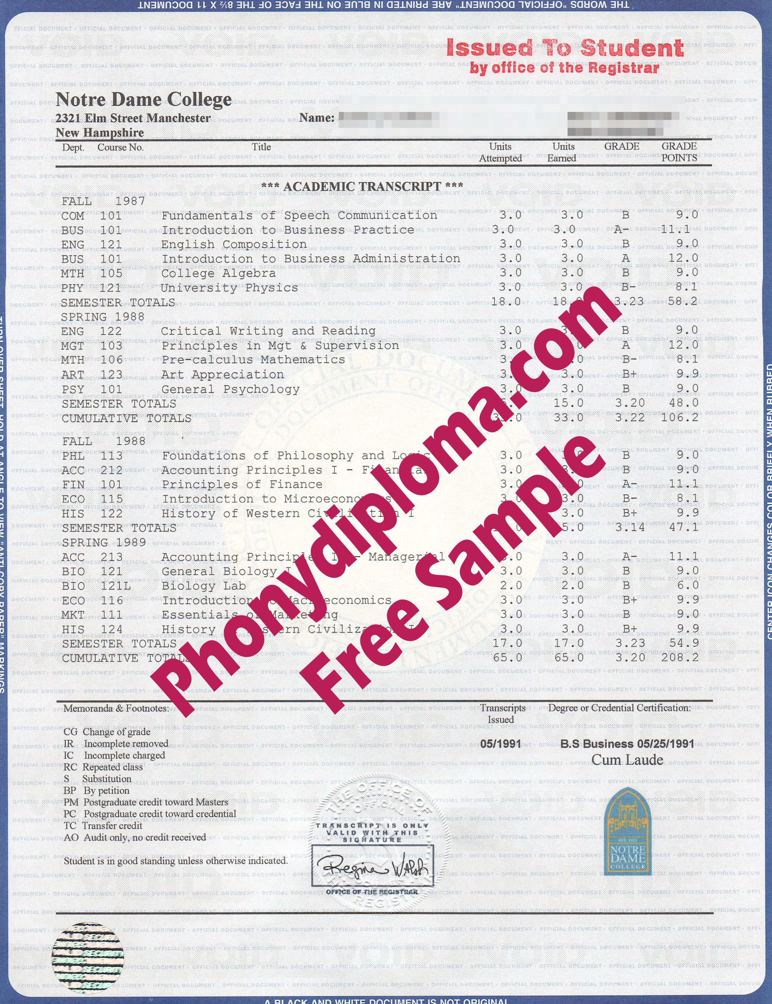 Notre Dame College New Hampshire Transcripts Free Sample From Phonydiploma