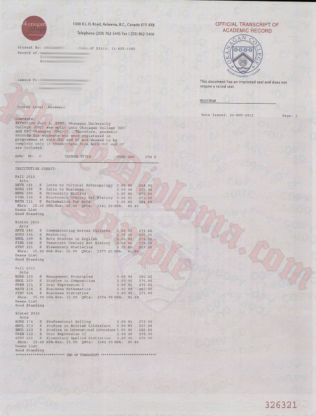 Okanagan College Canada Actual Match Tanscript Free Sample From Phonydiploma