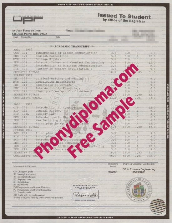 Puerto Rico University Of Puerto Rico Actual Match Transcript Free Sample From Phonydiploma
