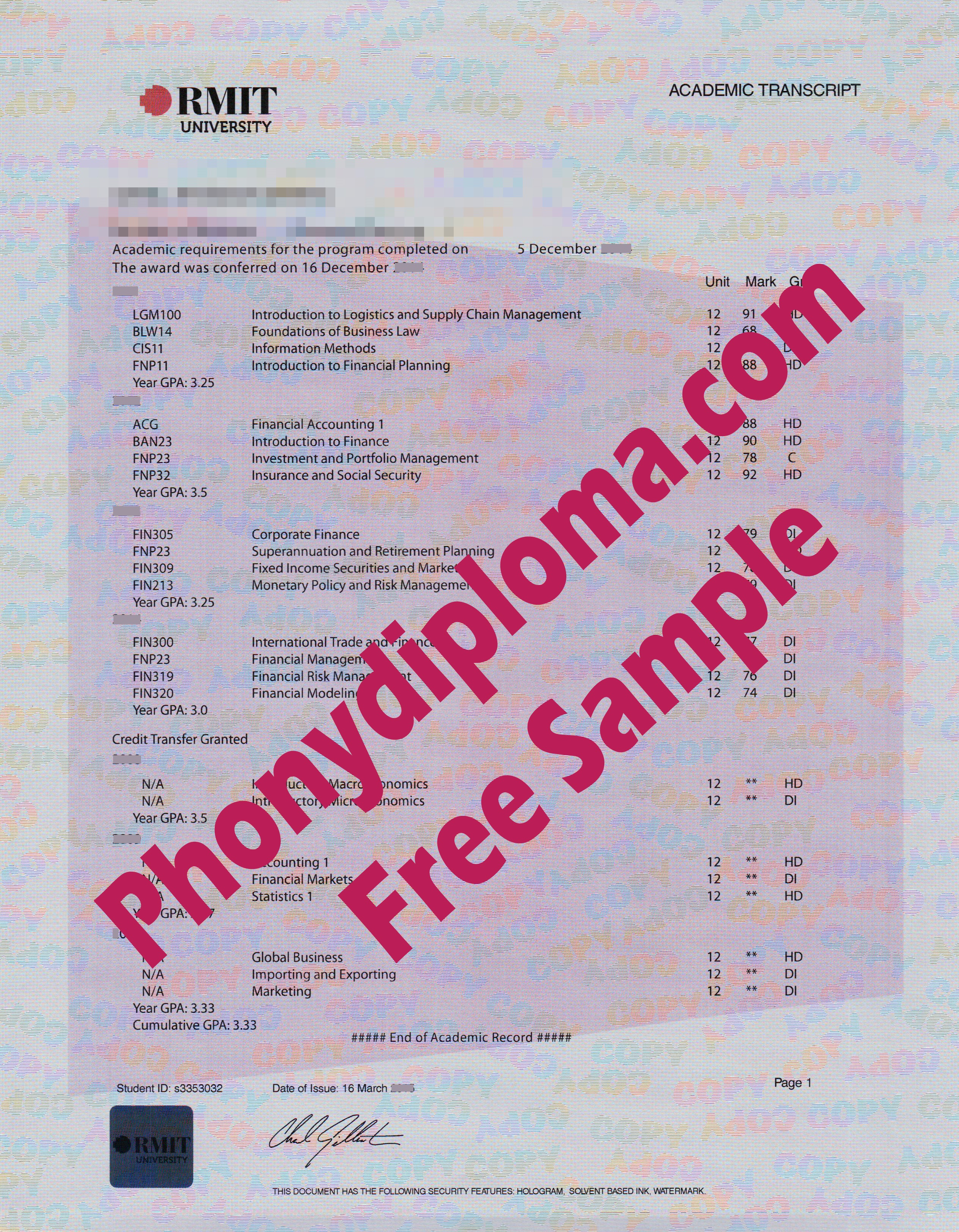 Rmit Actual Match Transcript Free Sample From Phonydiploma