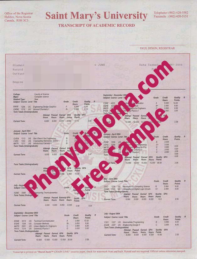 Saint Mary's University Scan Actual Match Transcript Free Sample From Phonydiploma