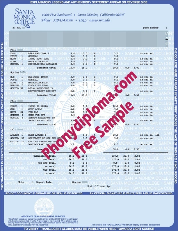 Santa Monica College Actual Match Transcripts Free Sample From Phonydiploma