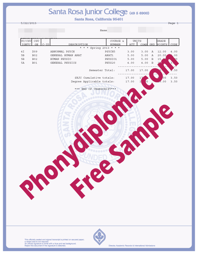 Santa Rosa Junior College Actual Match Transcripts Free Sample From Phonydiploma
