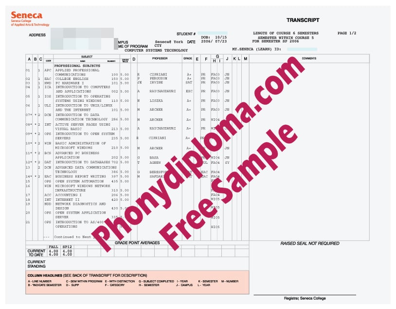 Seneca College Actual Match Transcript Free Sample From Phonydiploma