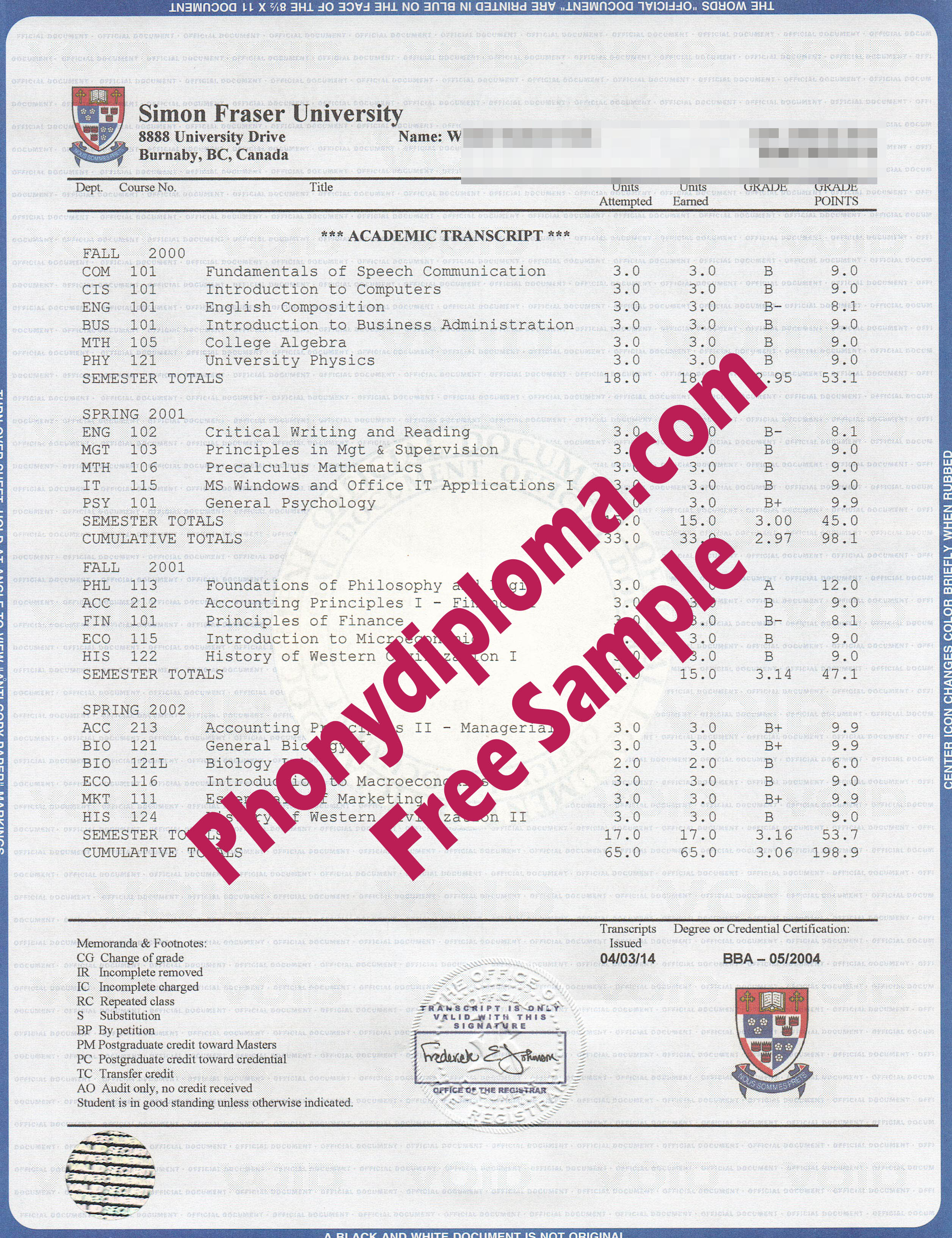 Simon Fraser University House Design Transcript Free Sample From Phonydiploma