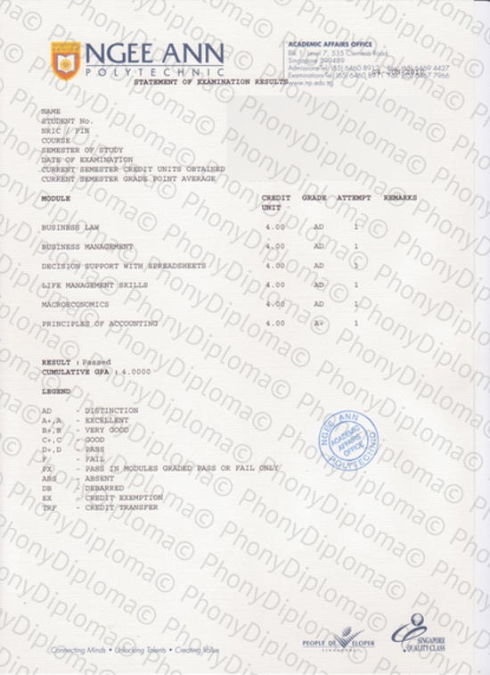Singapore Ngee Ann Polytechnic Actual Match Transcript Free Sample From Phonydiploma
