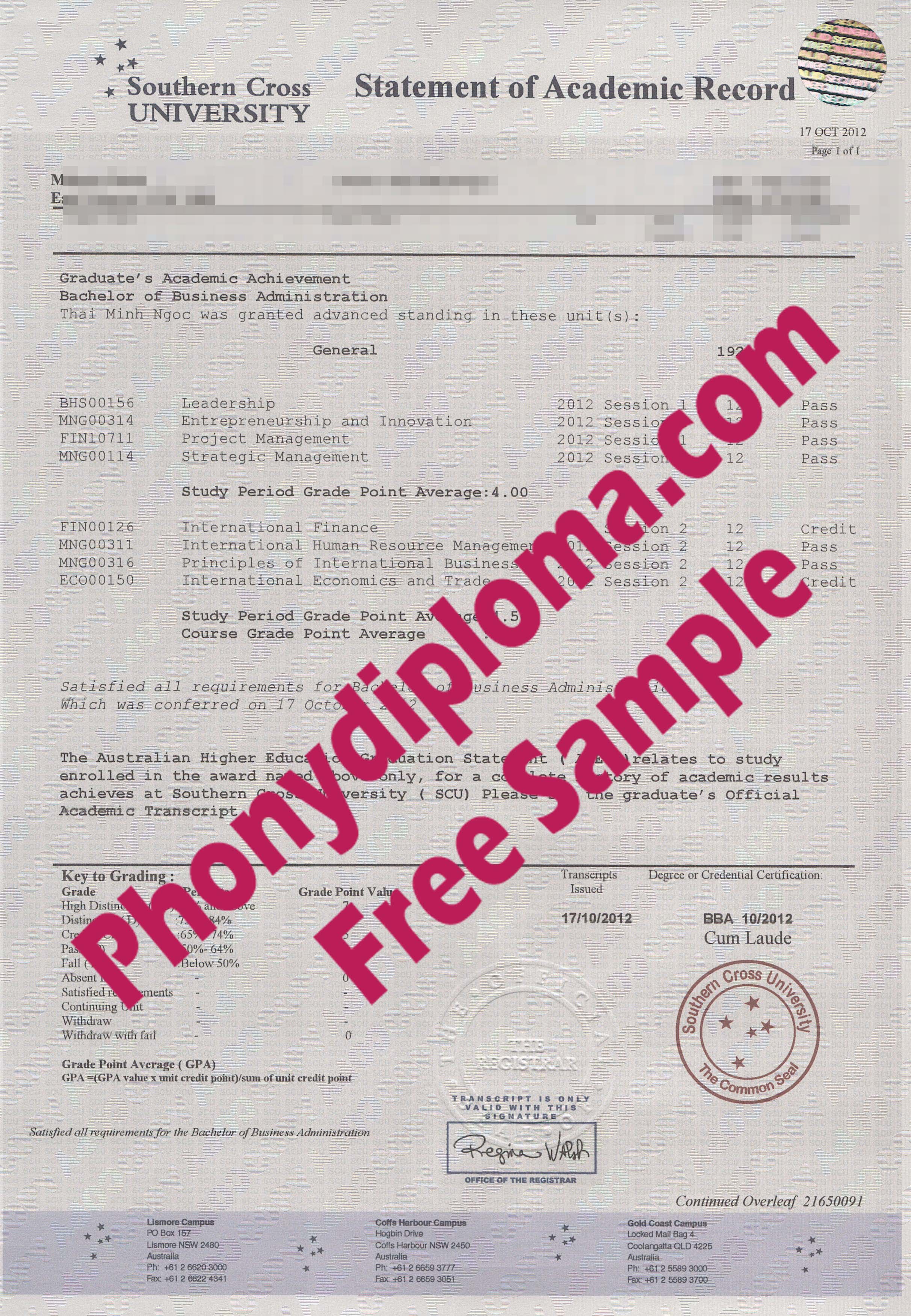 Southern Cross University Actual Match Transcript Free Sample From Phonydiploma