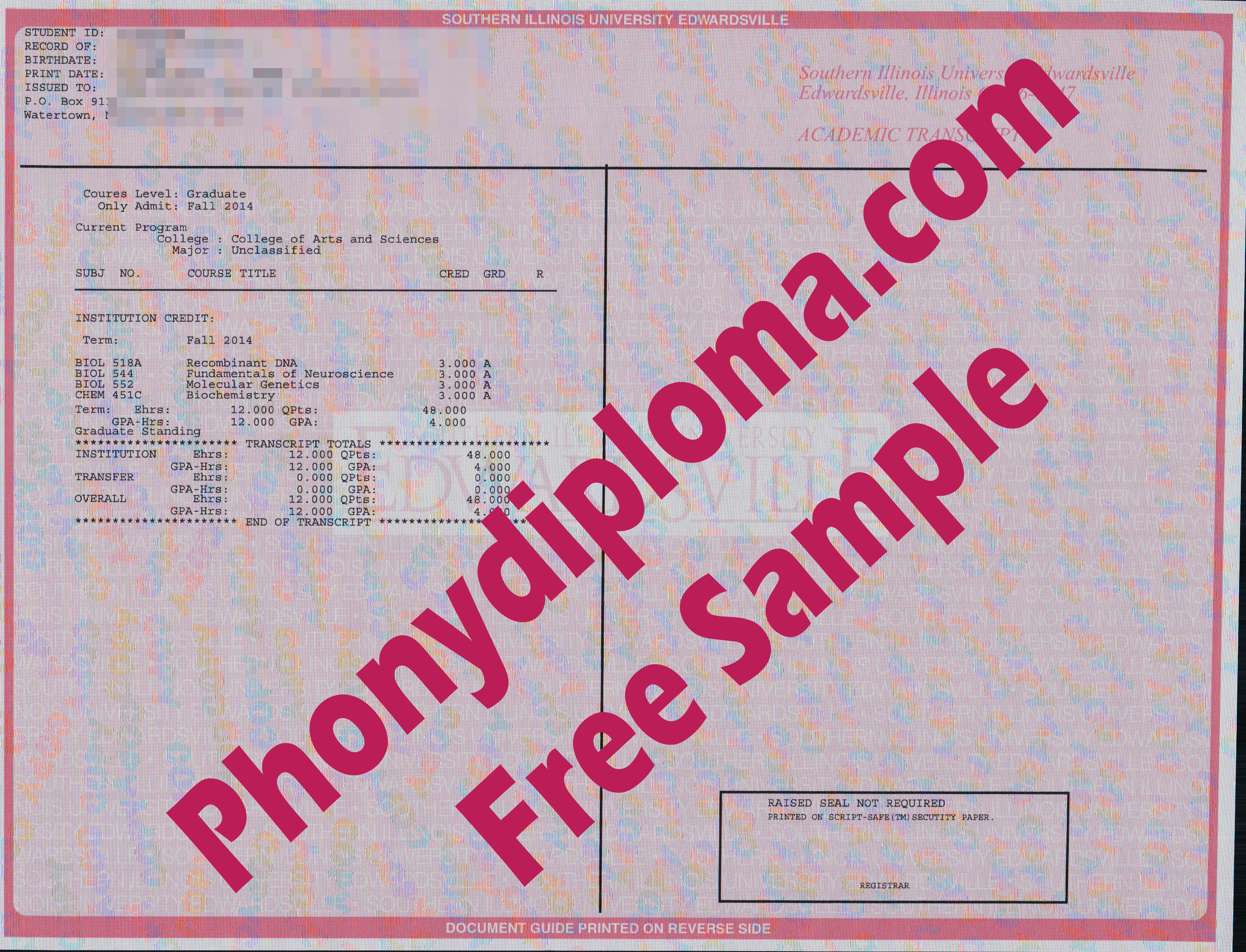 Southern Illinois University Edwardsville Actual Match Transcript Free Sample From Phonydiploma