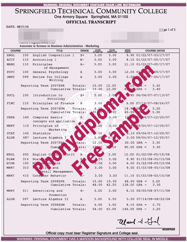 Springfield Tech Community College Actual Match Transcripts Free Sample From Phonydiploma