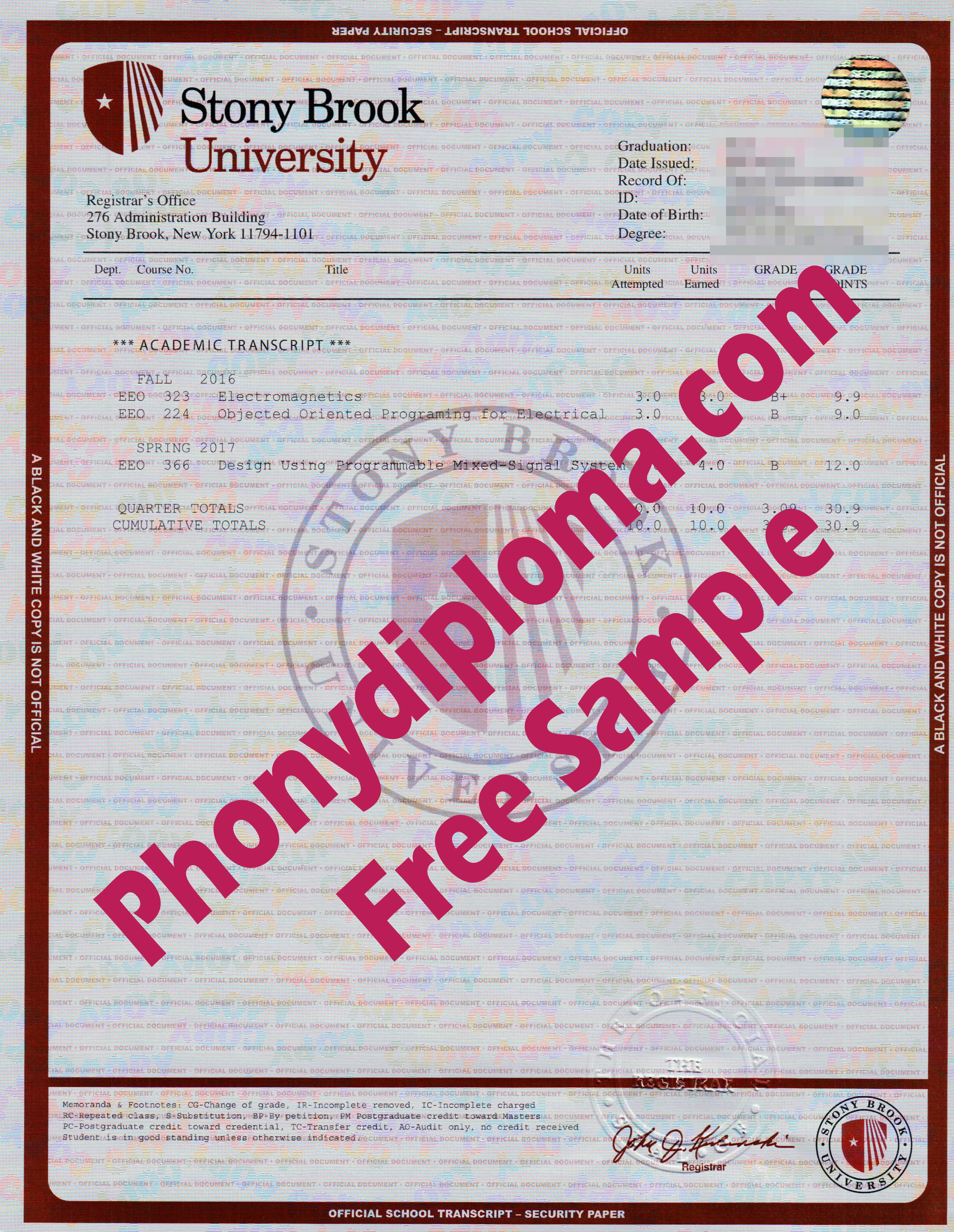 Stony Brook University Transcript Free Sample From Phonydiploma