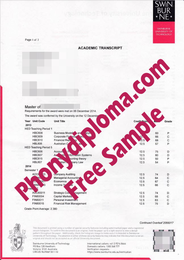 Swinburne Actual Match Transcripts Free Sample From Phonydiploma