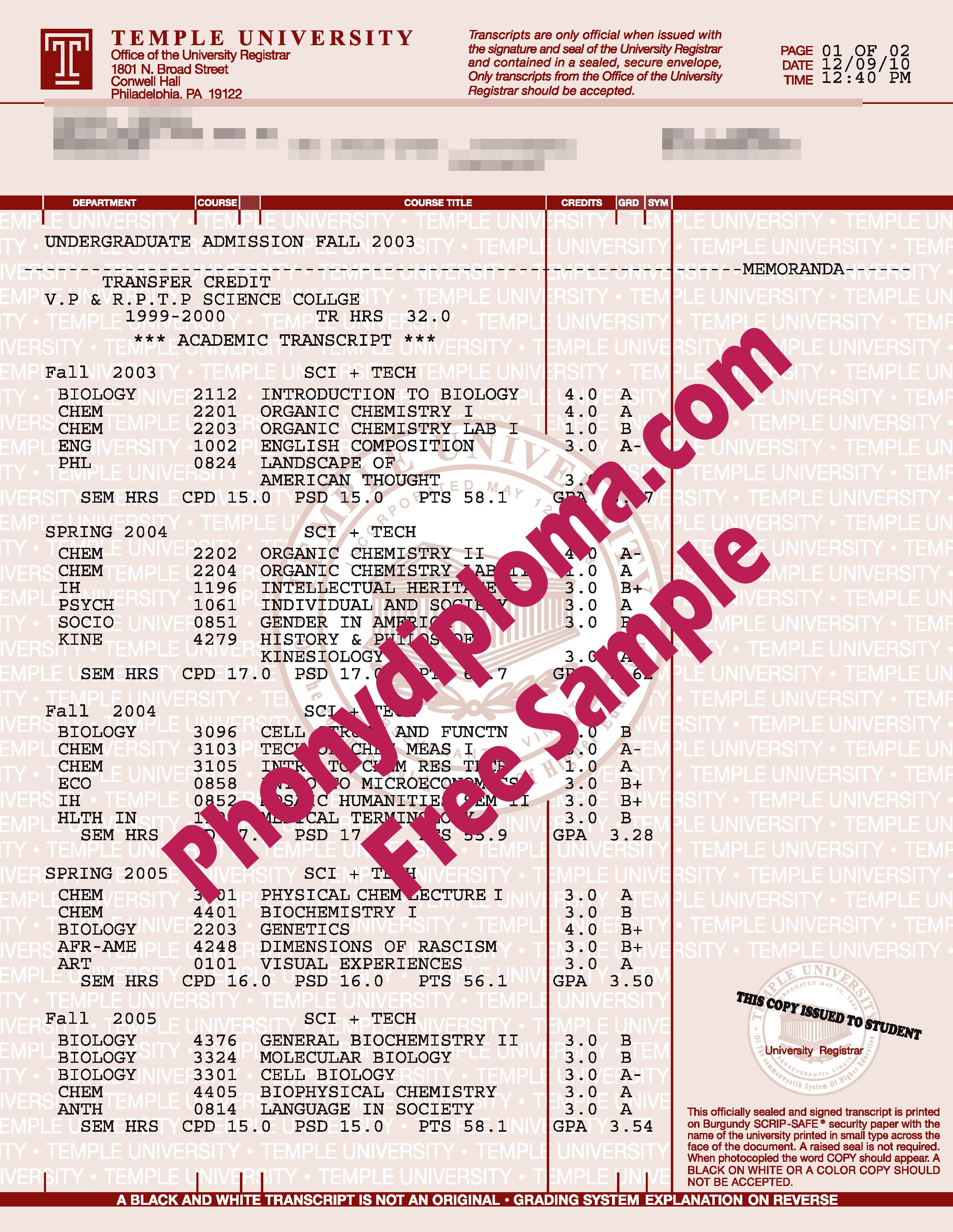 Temple University Actual Match Transcript Free Sample From Phonydiploma
