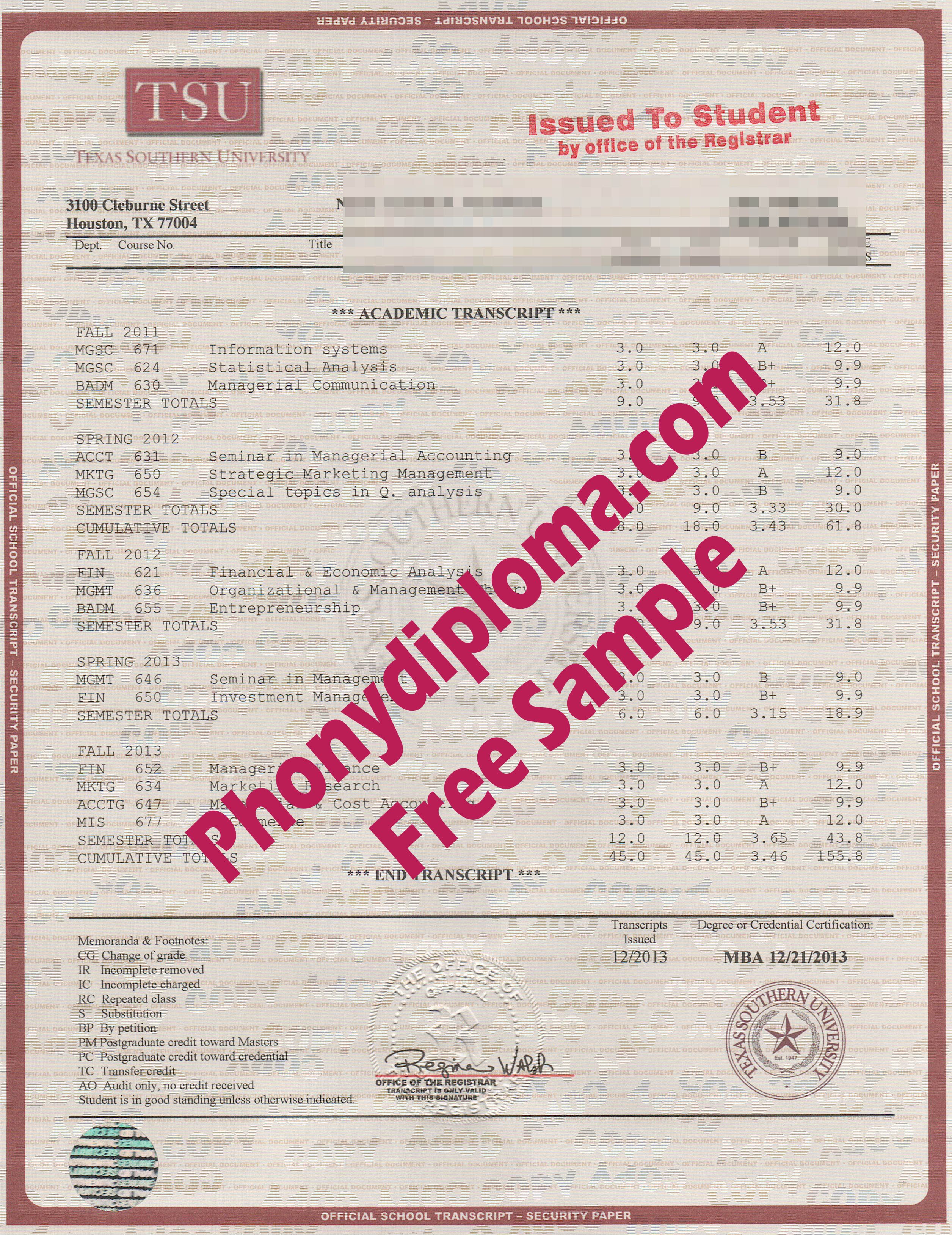 Texas Southern Universty Transcripts  Free Sample From Phonydiploma