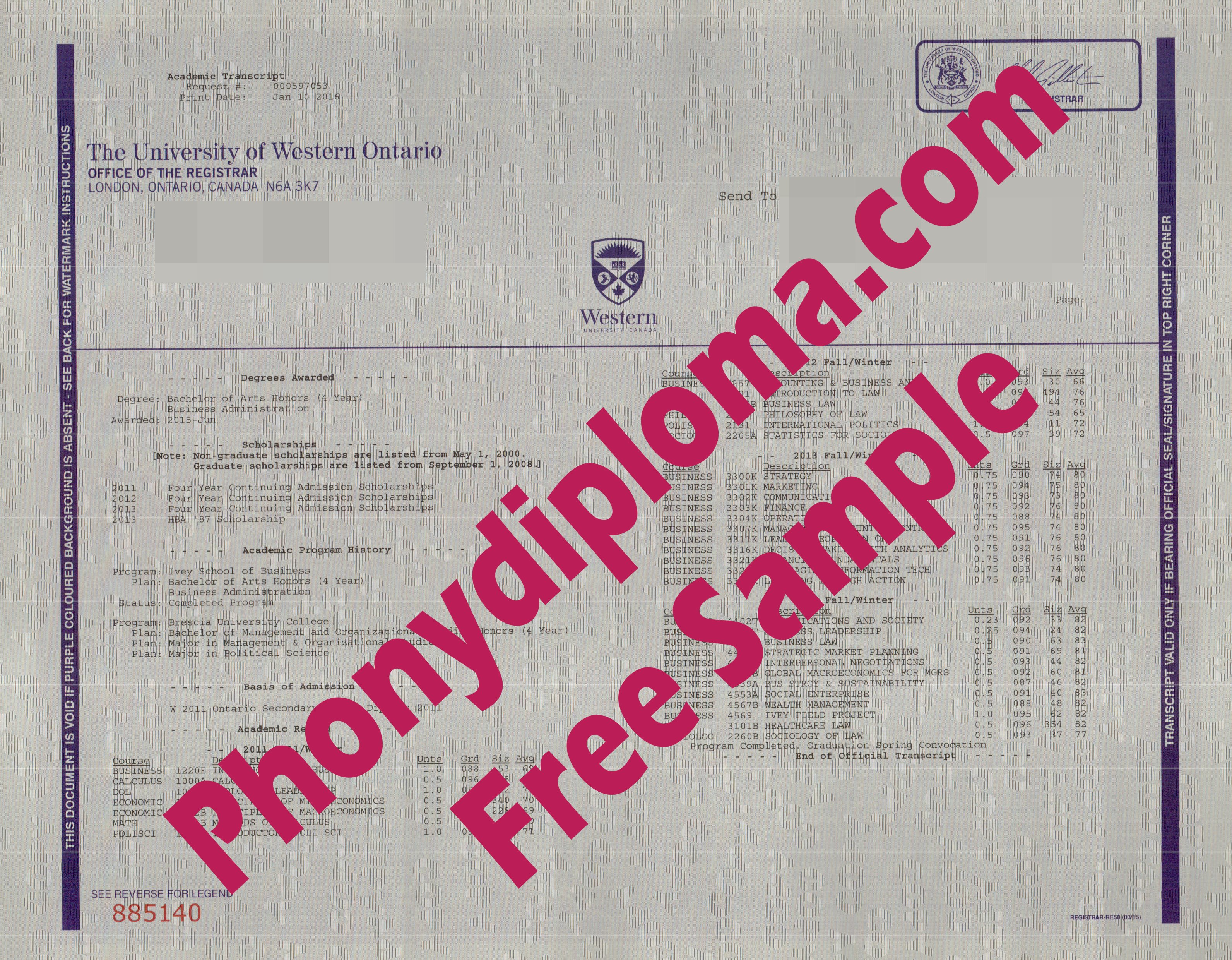 The University Of Western Ontario Actual Match Transcript Free Sample From Phonydiploma