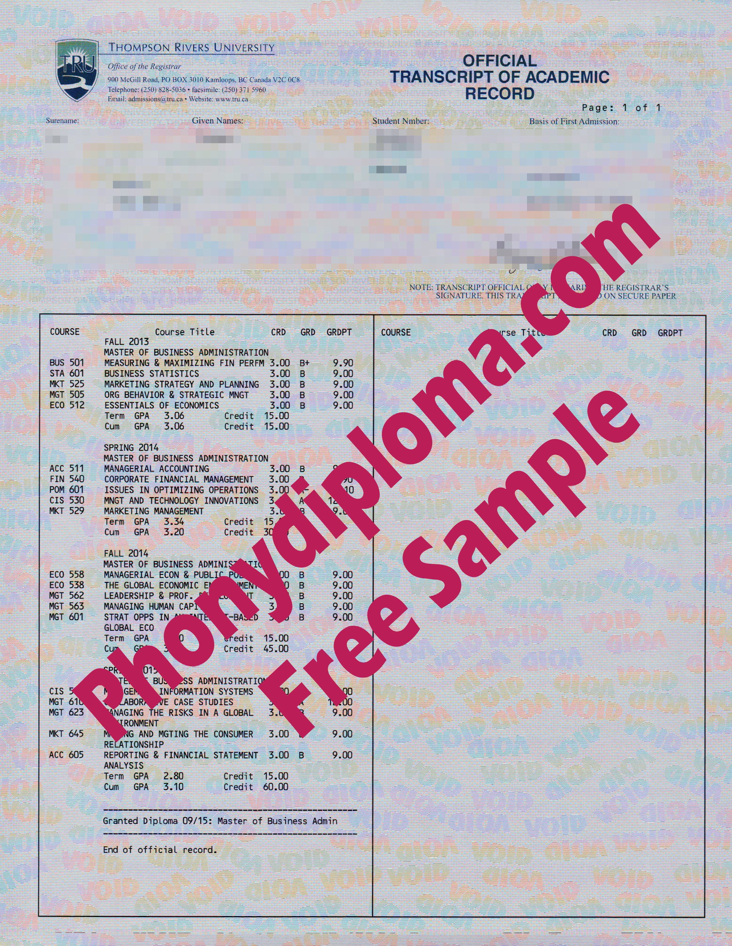 Thompson Rivers University Actual Match Transcripts Free Sample From Phonydiploma
