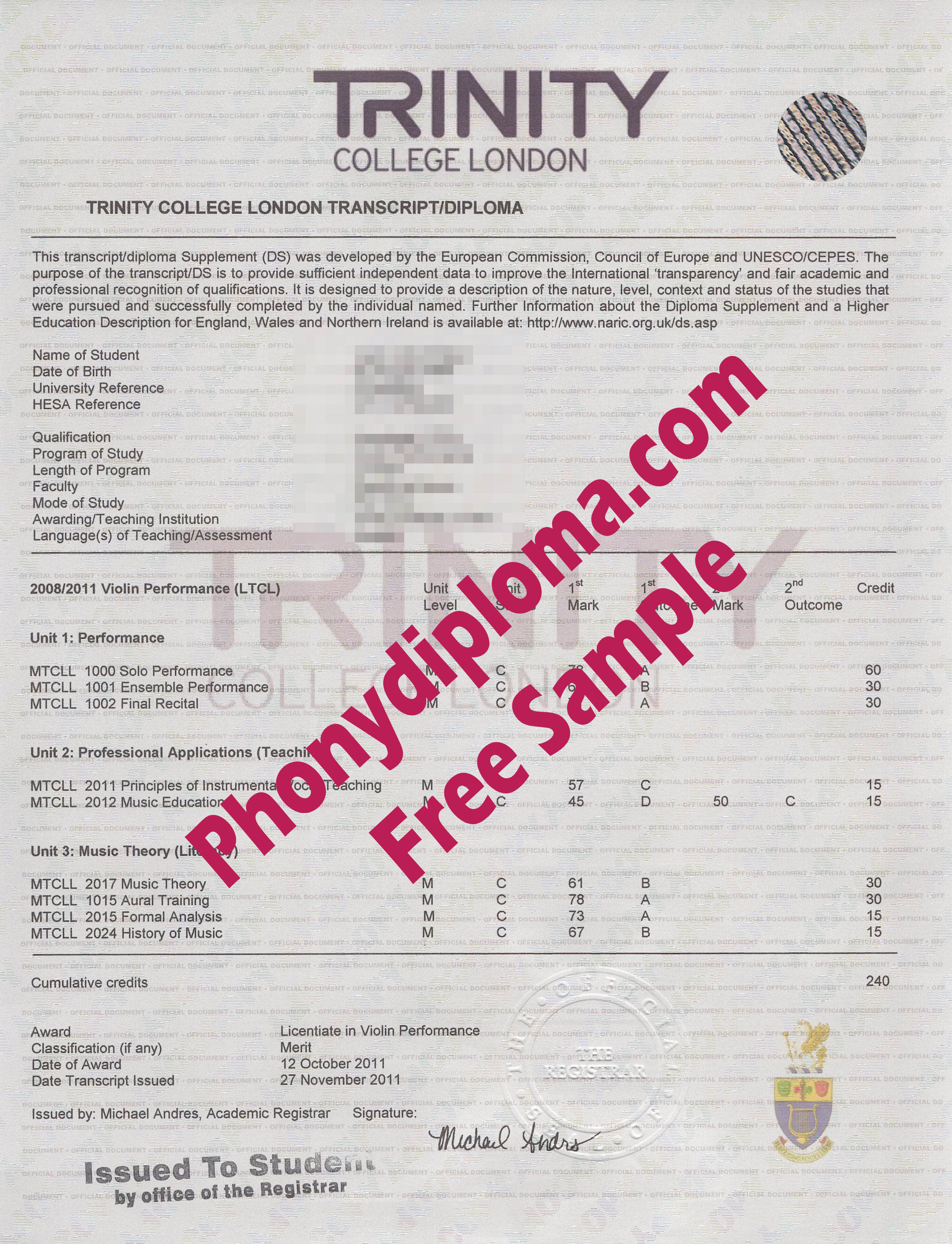Trinity College Longon Transcripts Actual Match Free Sample From Phonydiploma