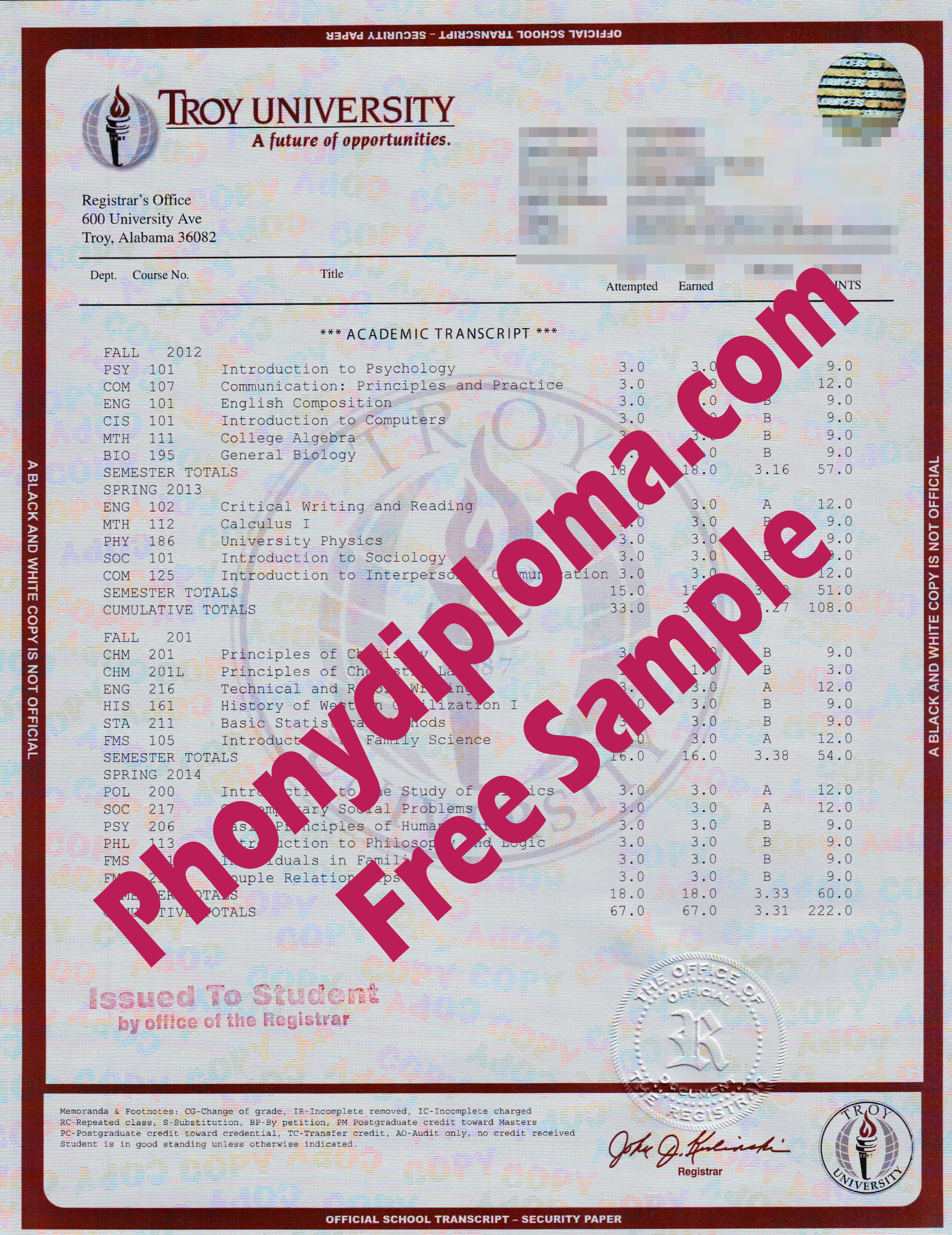 Troy University Transcript  Free Sample From Phonydiploma